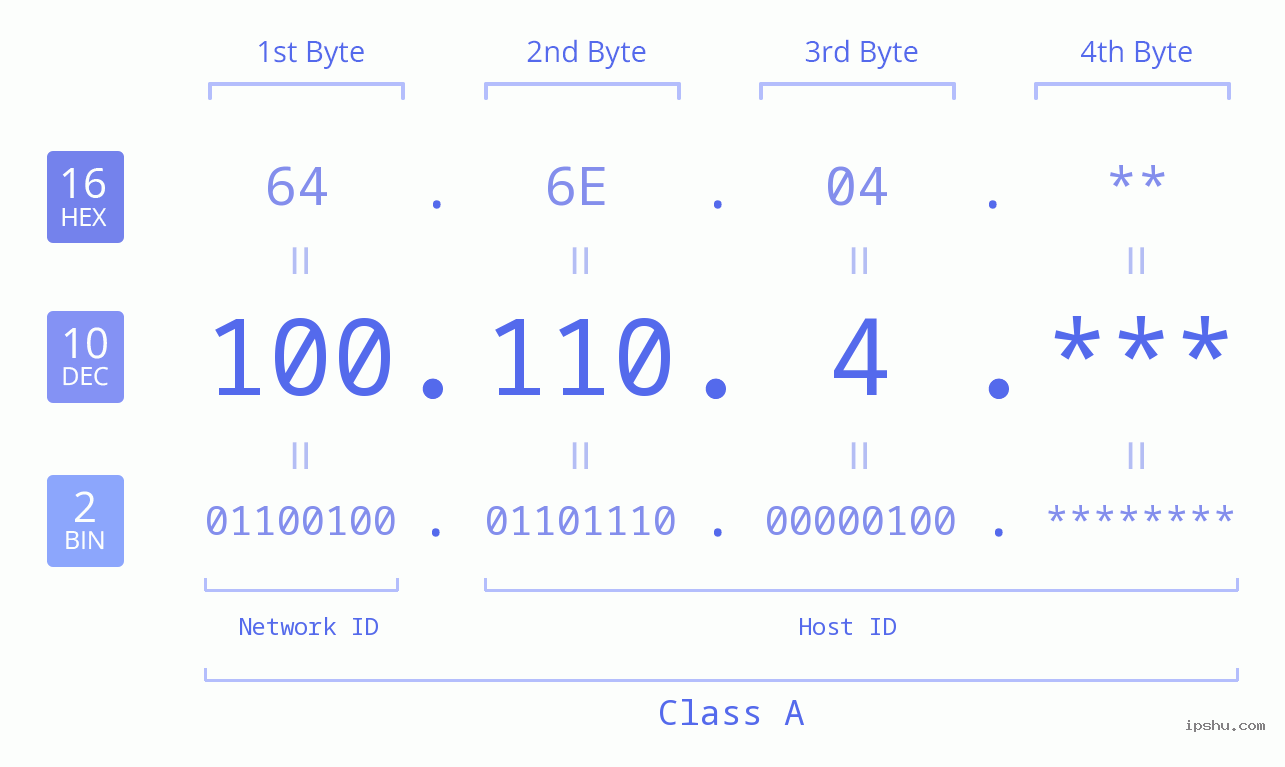 IP Address: 100.110.4 Data Structure Chart BIN DEC HEX IPv4: 100.110.4 Network Class, Net ID, Host ID