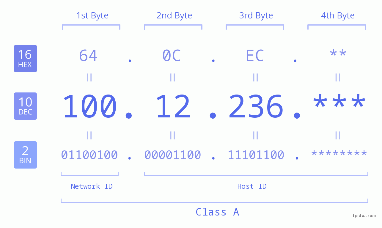 IP Address: 100.12.236 Data Structure Chart BIN DEC HEX IPv4: 100.12.236 Network Class, Net ID, Host ID