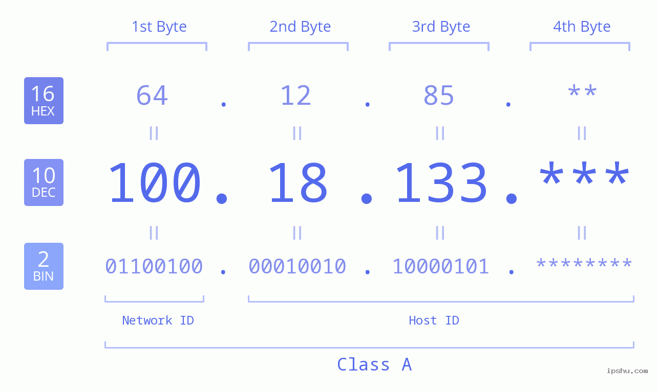 IP Address: 100.18.133 Data Structure Chart BIN DEC HEX IPv4: 100.18.133 Network Class, Net ID, Host ID