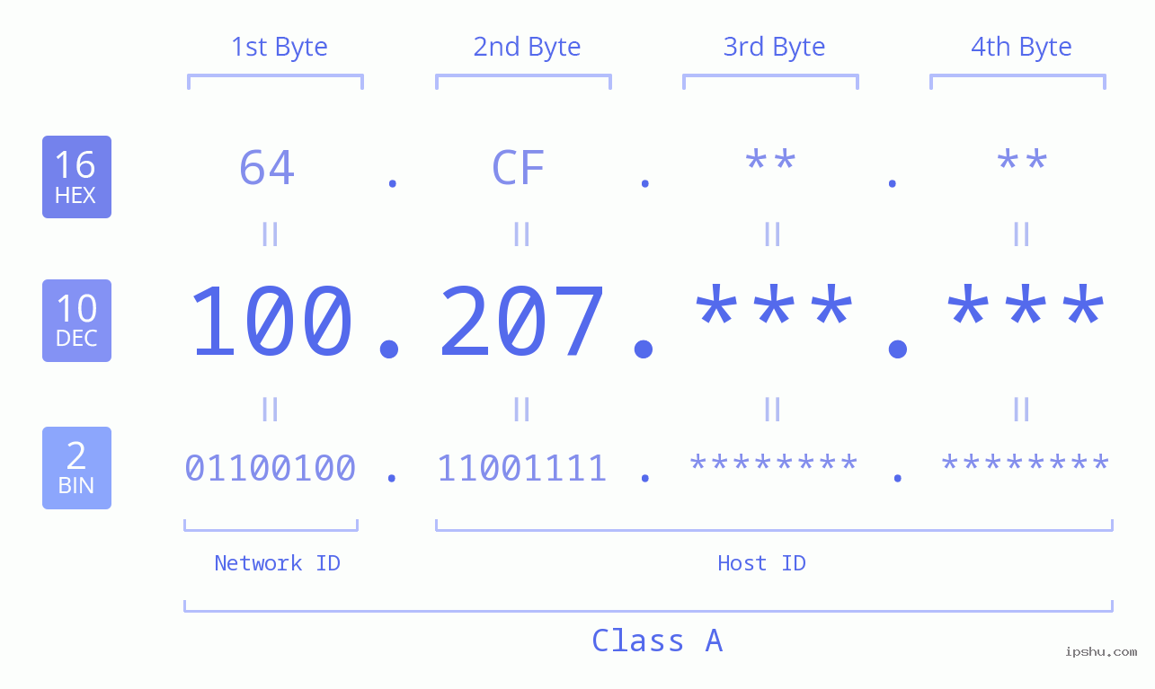 IP Address: 100.207 Data Structure Chart BIN DEC HEX IPv4: 100.207 Network Class, Net ID, Host ID