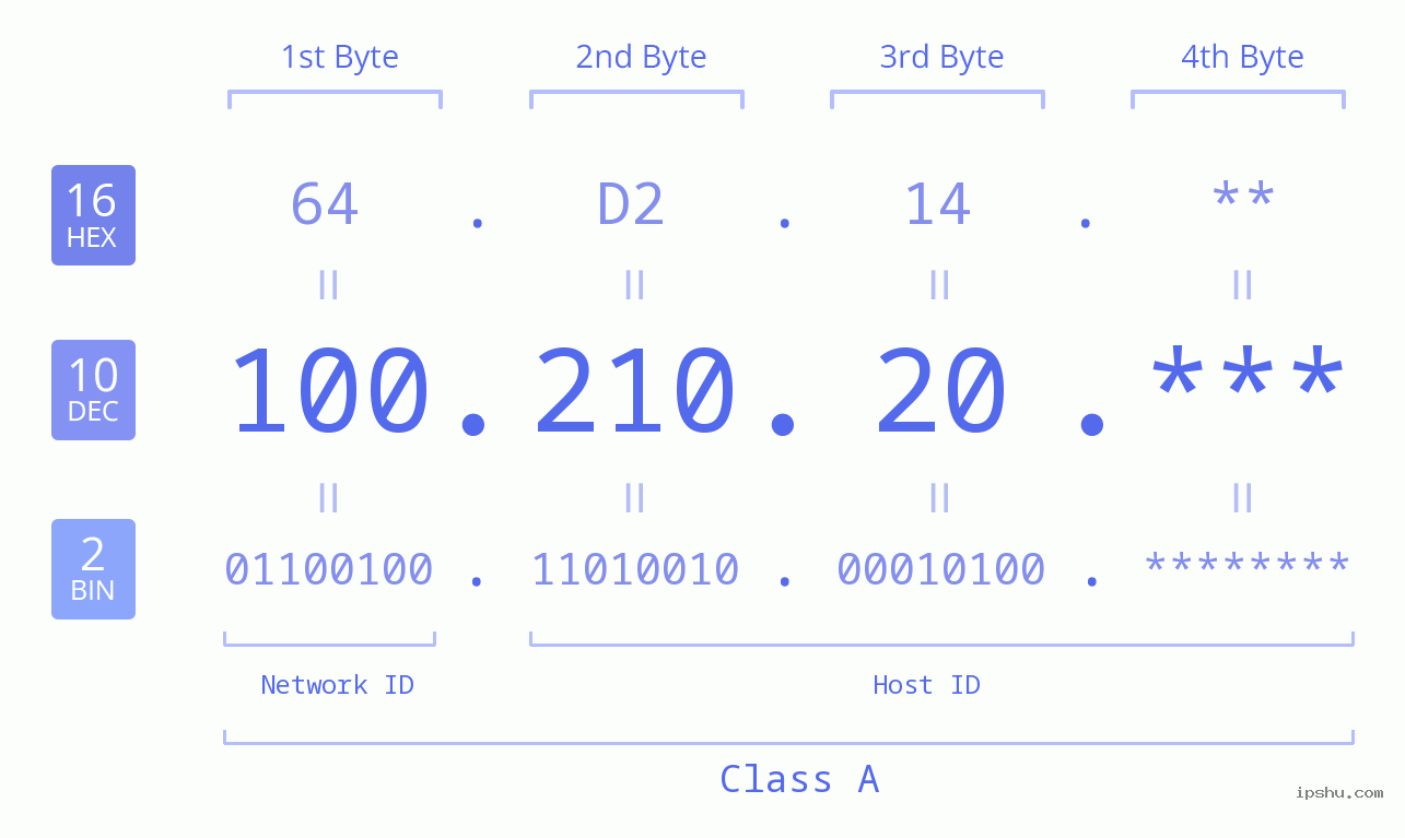IP Address: 100.210.20 Data Structure Chart BIN DEC HEX IPv4: 100.210.20 Network Class, Net ID, Host ID
