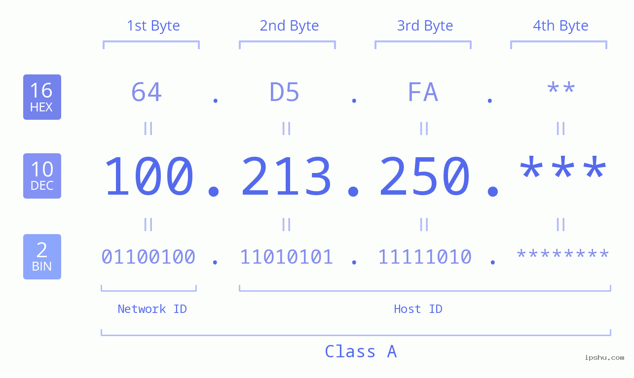 IP Address: 100.213.250 Data Structure Chart BIN DEC HEX IPv4: 100.213.250 Network Class, Net ID, Host ID