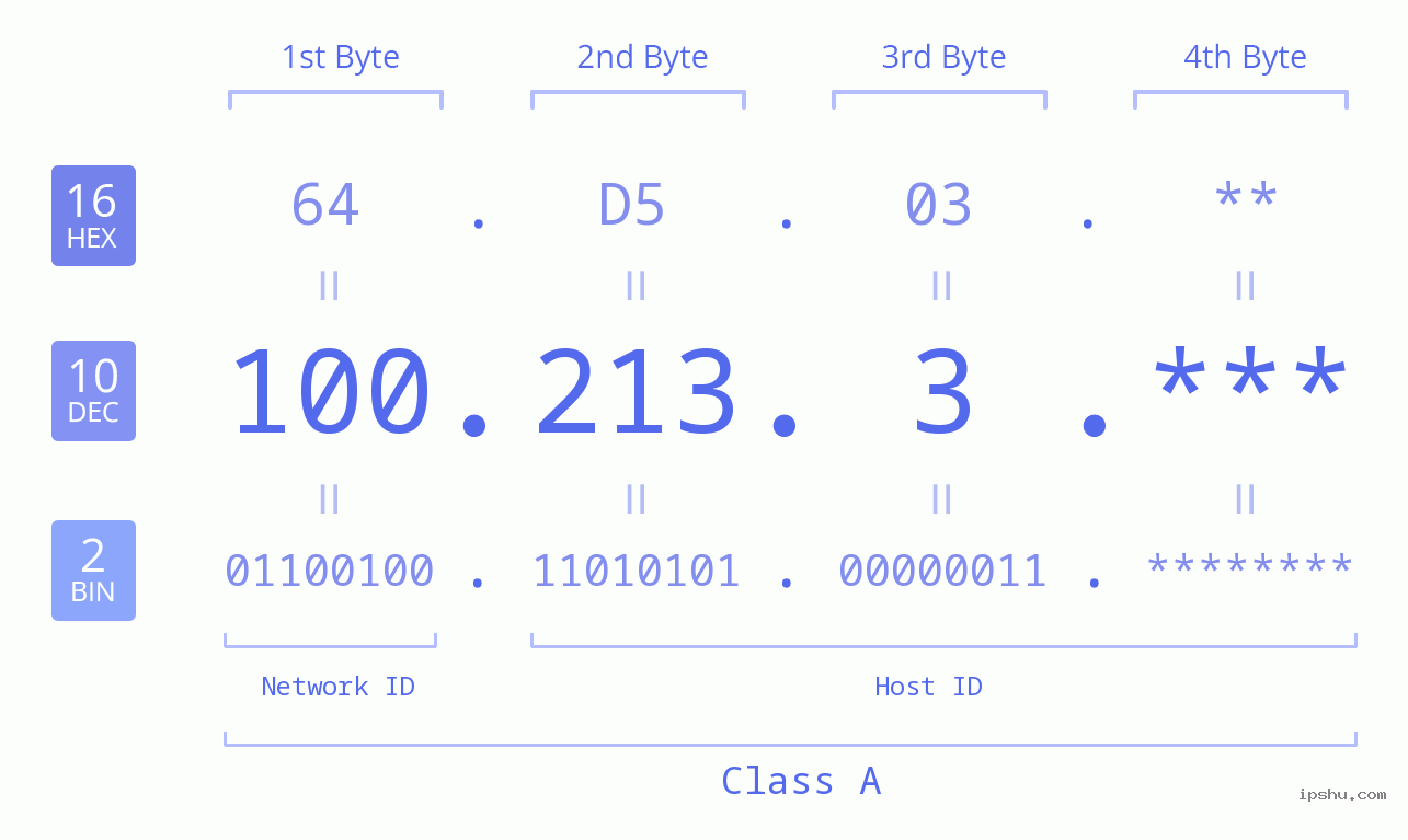 IP Address: 100.213.3 Data Structure Chart BIN DEC HEX IPv4: 100.213.3 Network Class, Net ID, Host ID