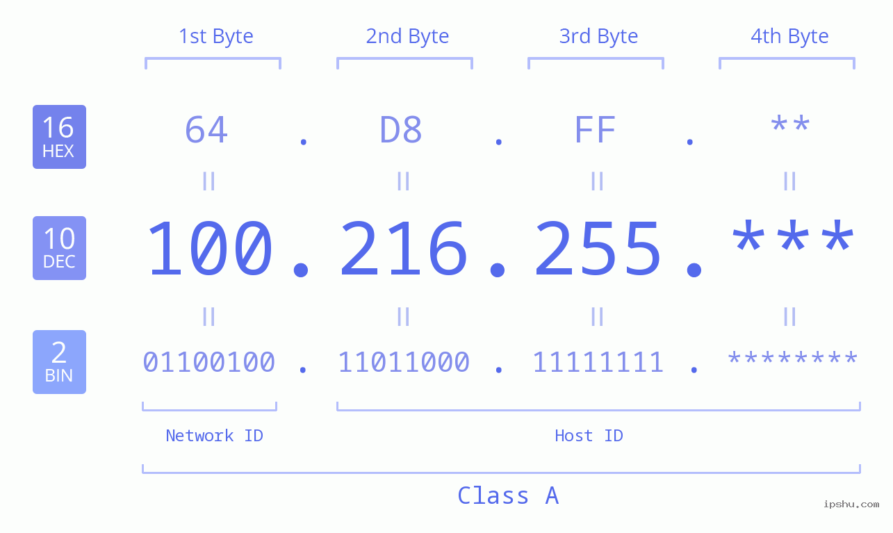 IP Address: 100.216.255 Data Structure Chart BIN DEC HEX IPv4: 100.216.255 Network Class, Net ID, Host ID