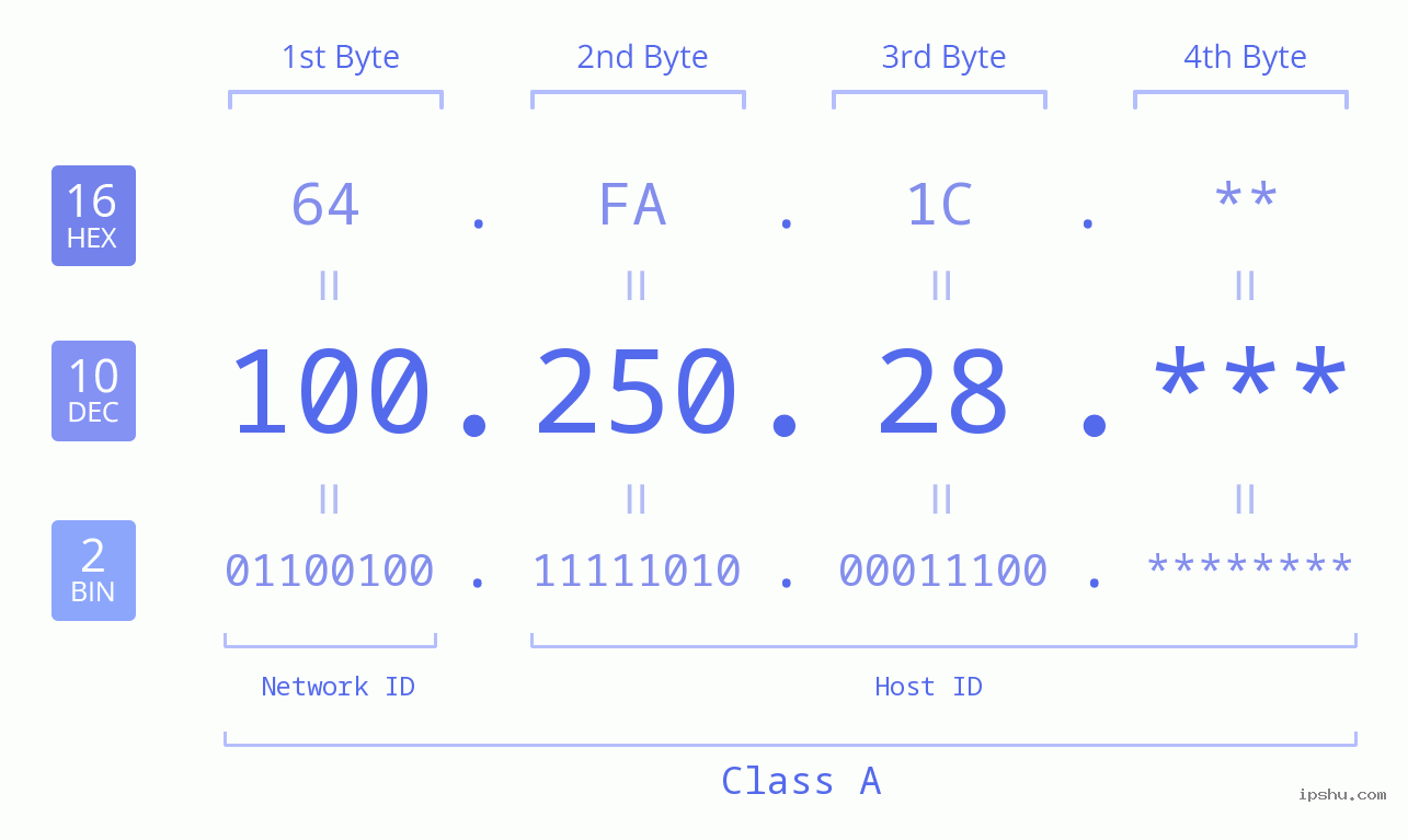 IP Address: 100.250.28 Data Structure Chart BIN DEC HEX IPv4: 100.250.28 Network Class, Net ID, Host ID