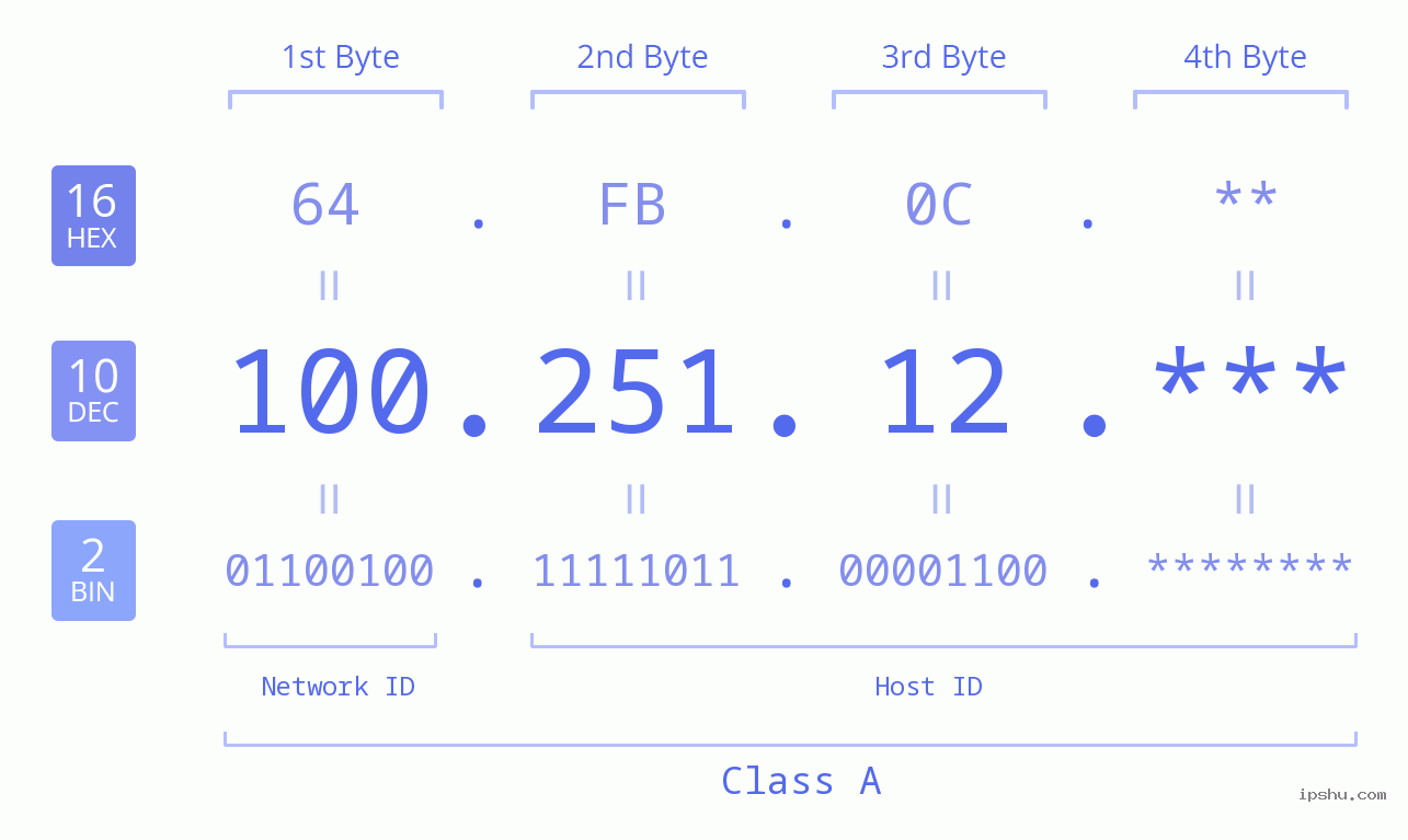 IP Address: 100.251.12 Data Structure Chart BIN DEC HEX IPv4: 100.251.12 Network Class, Net ID, Host ID