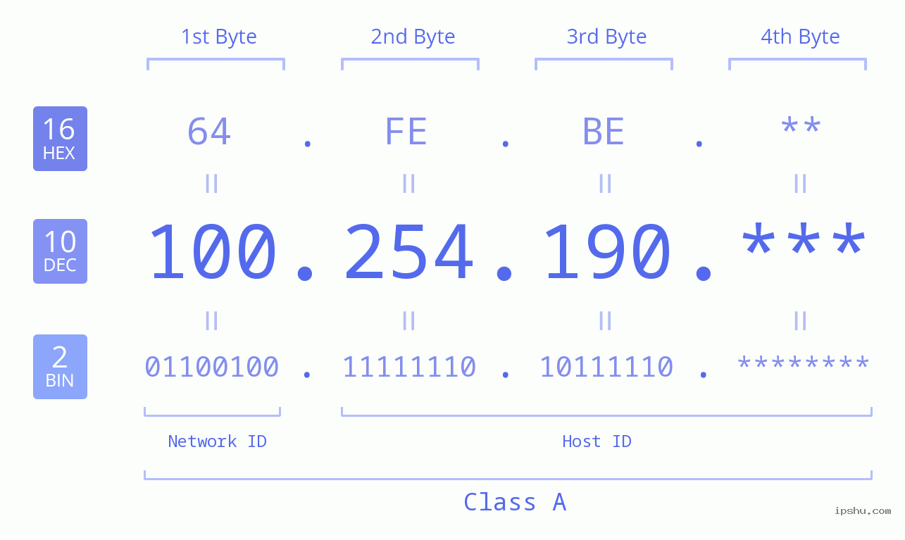 IP Address: 100.254.190 Data Structure Chart BIN DEC HEX IPv4: 100.254.190 Network Class, Net ID, Host ID