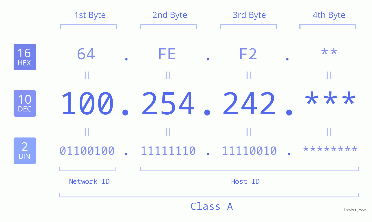 IP Address: 100.254.242 Data Structure Chart BIN DEC HEX IPv4: 100.254.242 Network Class, Net ID, Host ID