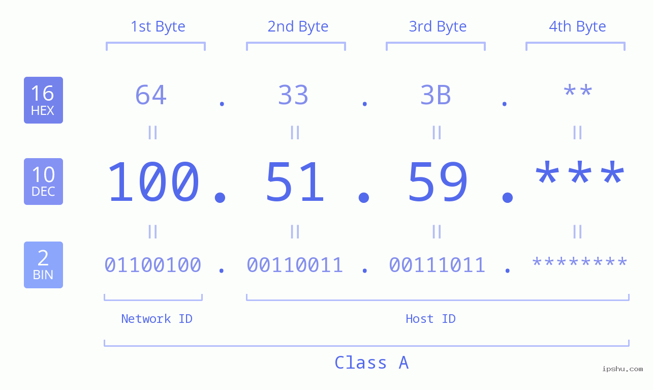 IP Address: 100.51.59 Data Structure Chart BIN DEC HEX IPv4: 100.51.59 Network Class, Net ID, Host ID