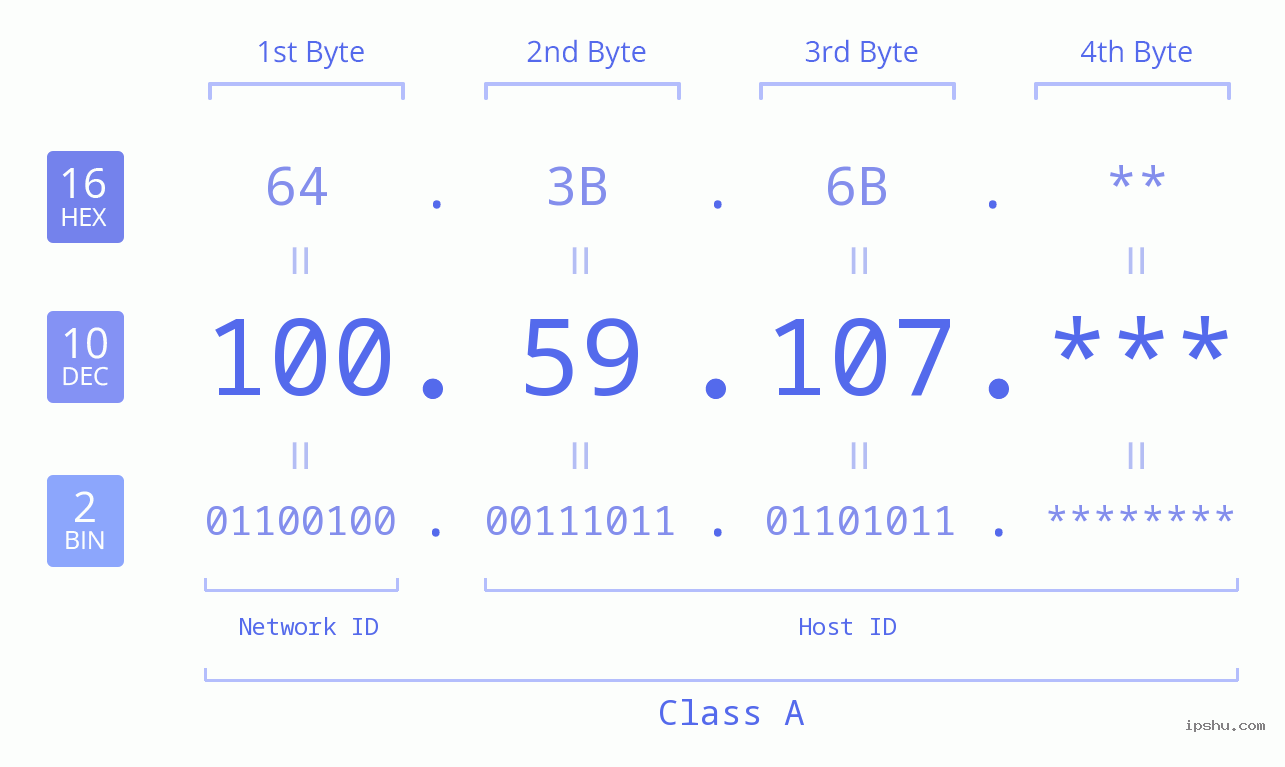 IP Address: 100.59.107 Data Structure Chart BIN DEC HEX IPv4: 100.59.107 Network Class, Net ID, Host ID