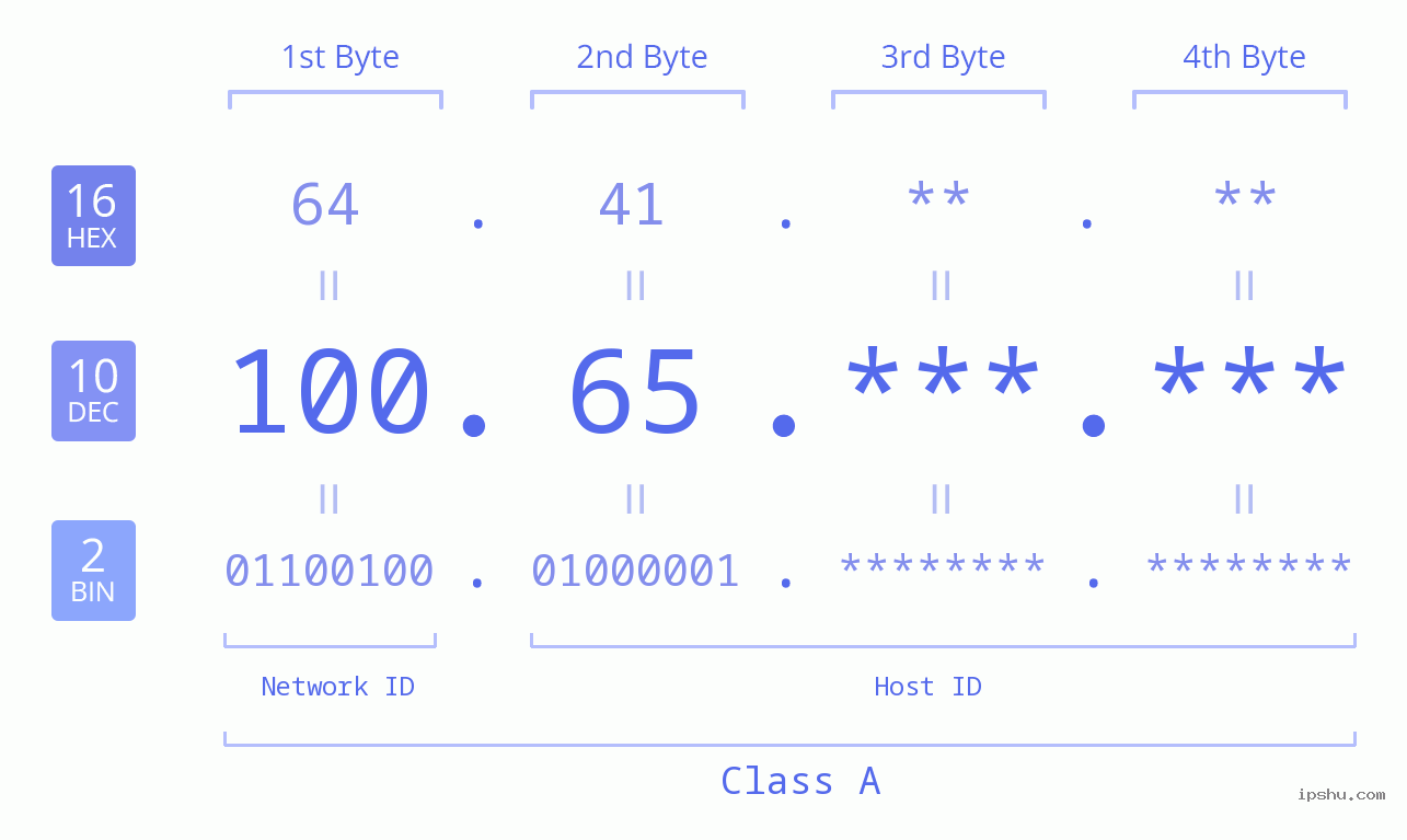 IP Address: 100.65 Data Structure Chart BIN DEC HEX IPv4: 100.65 Network Class, Net ID, Host ID