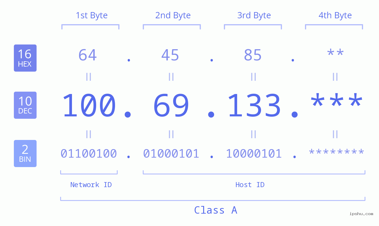 IP Address: 100.69.133 Data Structure Chart BIN DEC HEX IPv4: 100.69.133 Network Class, Net ID, Host ID