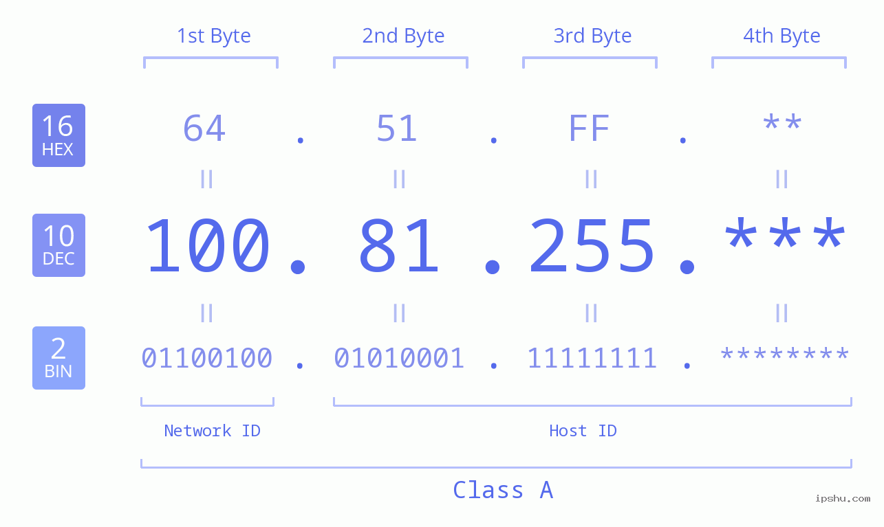 IP Address: 100.81.255 Data Structure Chart BIN DEC HEX IPv4: 100.81.255 Network Class, Net ID, Host ID