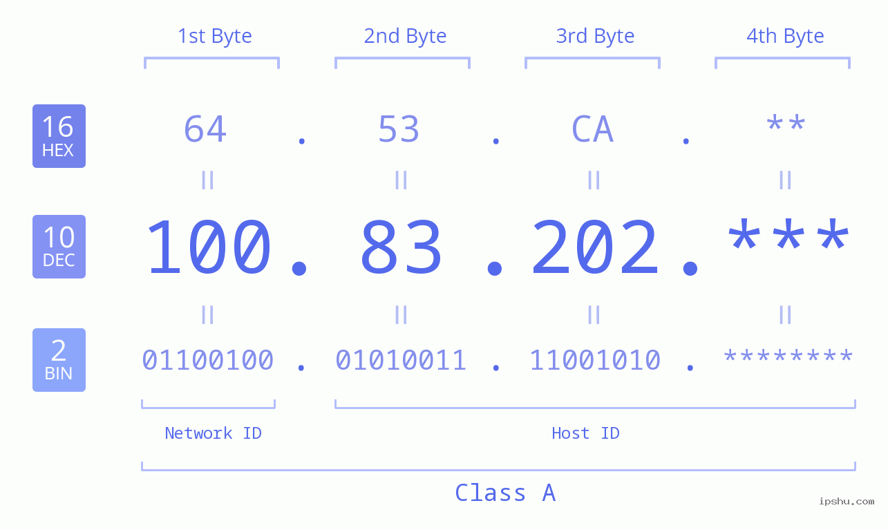 IP Address: 100.83.202 Data Structure Chart BIN DEC HEX IPv4: 100.83.202 Network Class, Net ID, Host ID