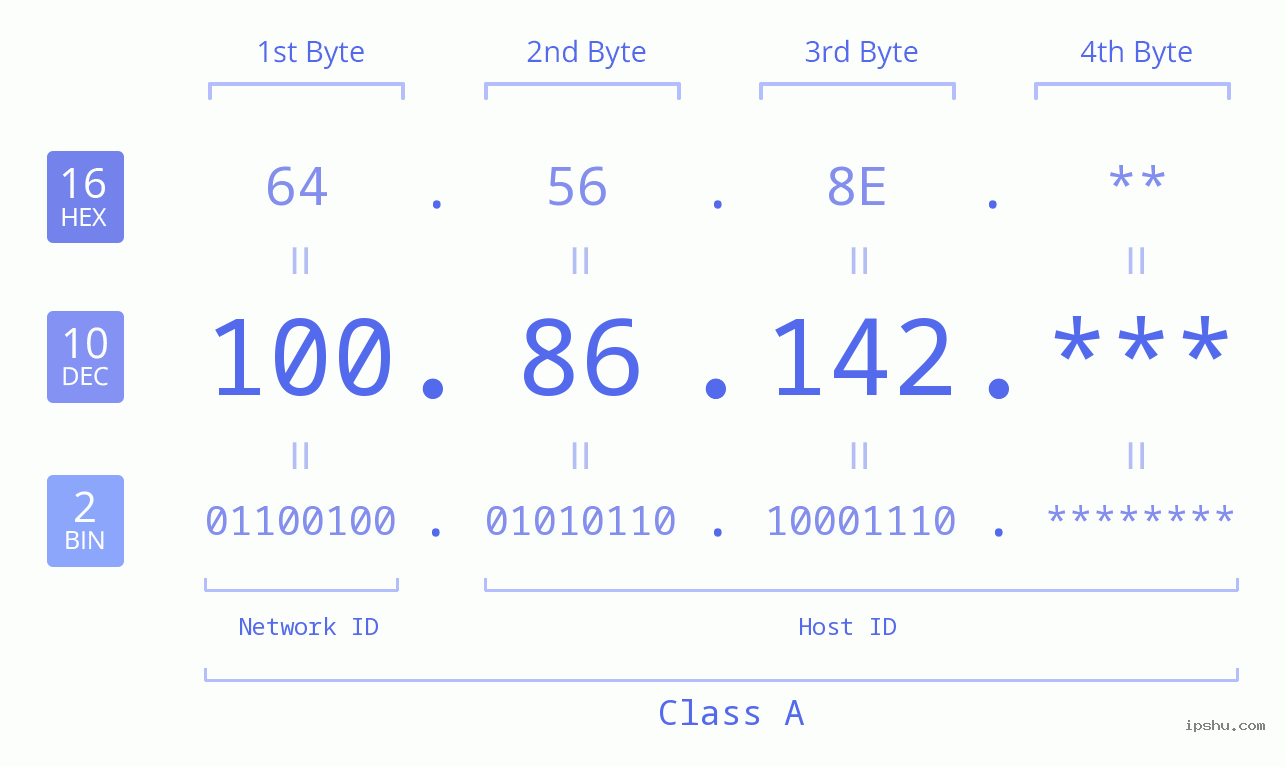 IP Address: 100.86.142 Data Structure Chart BIN DEC HEX IPv4: 100.86.142 Network Class, Net ID, Host ID