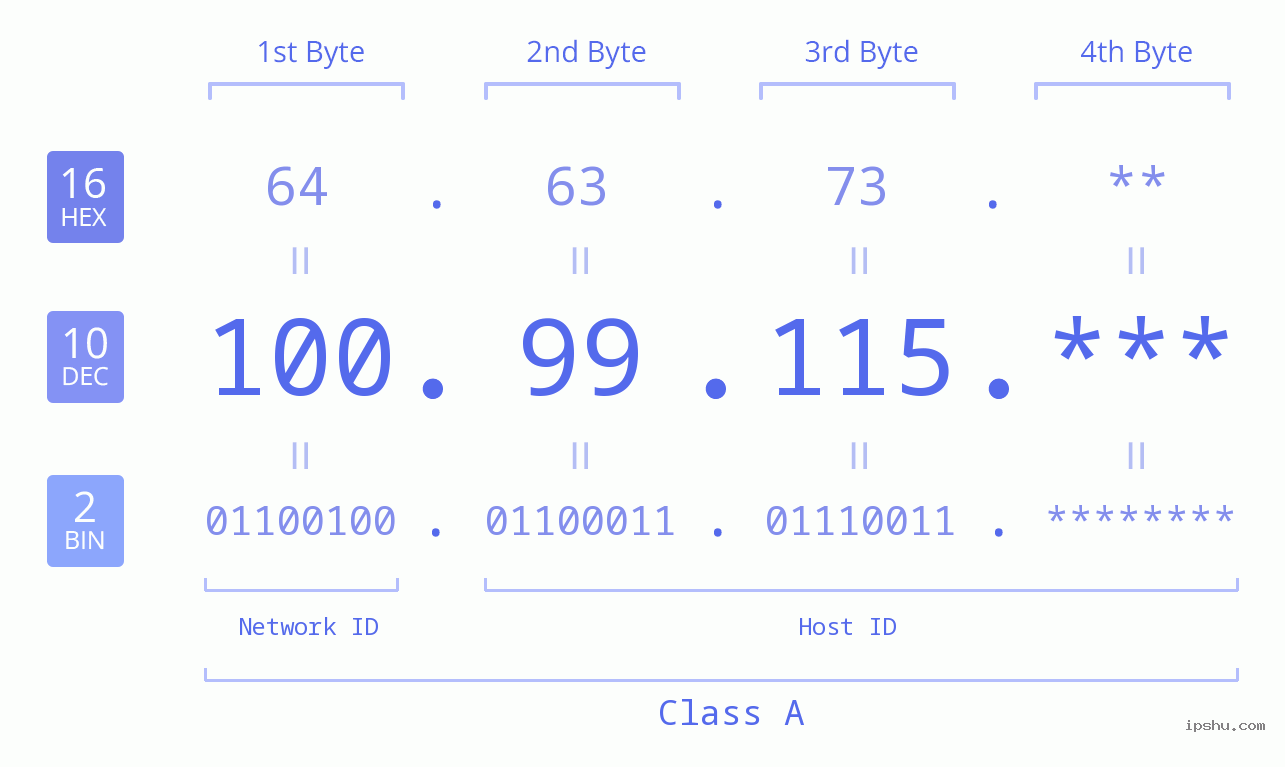 IP Address: 100.99.115 Data Structure Chart BIN DEC HEX IPv4: 100.99.115 Network Class, Net ID, Host ID