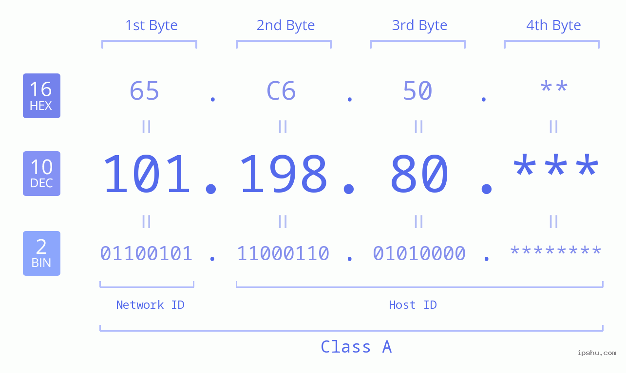 IP Address: 101.198.80 Data Structure Chart BIN DEC HEX IPv4: 101.198.80 Network Class, Net ID, Host ID