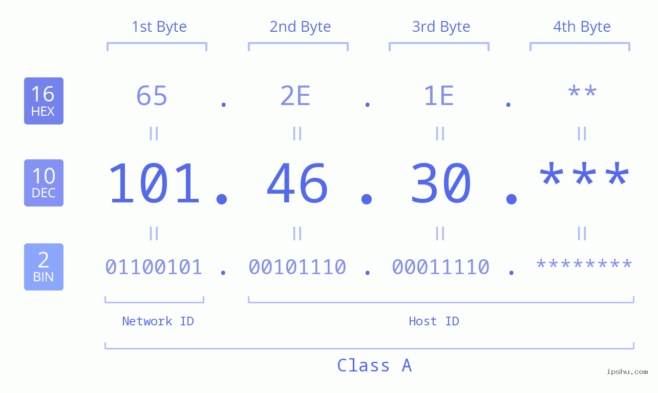 IP Address: 101.46.30 Data Structure Chart BIN DEC HEX IPv4: 101.46.30 Network Class, Net ID, Host ID