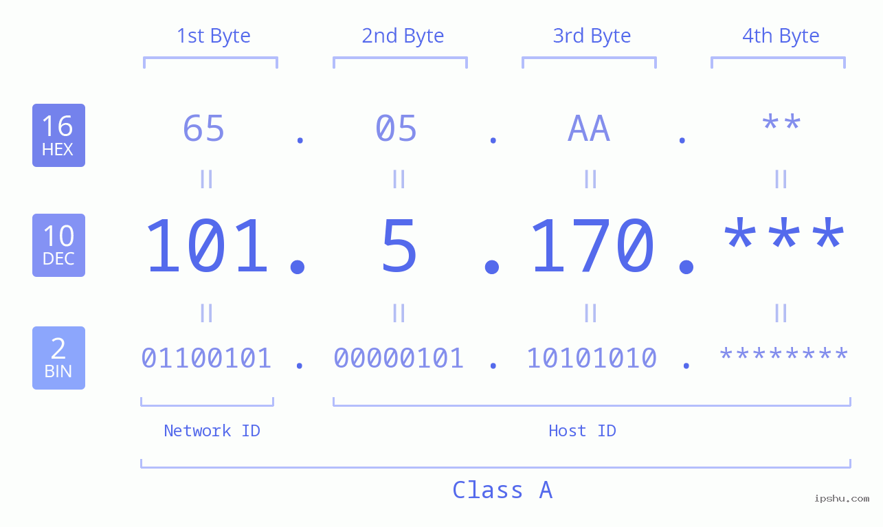 IP Address: 101.5.170 Data Structure Chart BIN DEC HEX IPv4: 101.5.170 Network Class, Net ID, Host ID