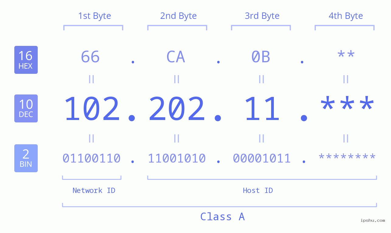 IP Address: 102.202.11 Data Structure Chart BIN DEC HEX IPv4: 102.202.11 Network Class, Net ID, Host ID