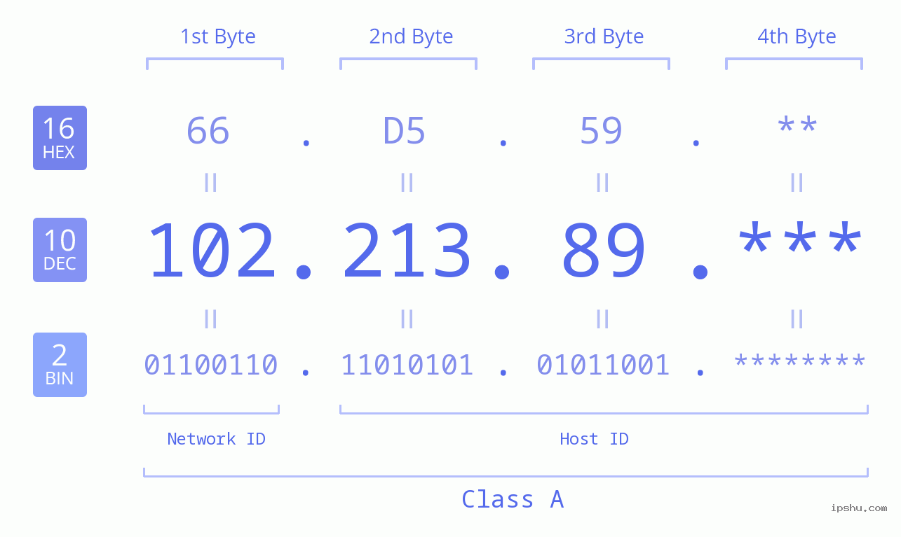 IP Address: 102.213.89 Data Structure Chart BIN DEC HEX IPv4: 102.213.89 Network Class, Net ID, Host ID
