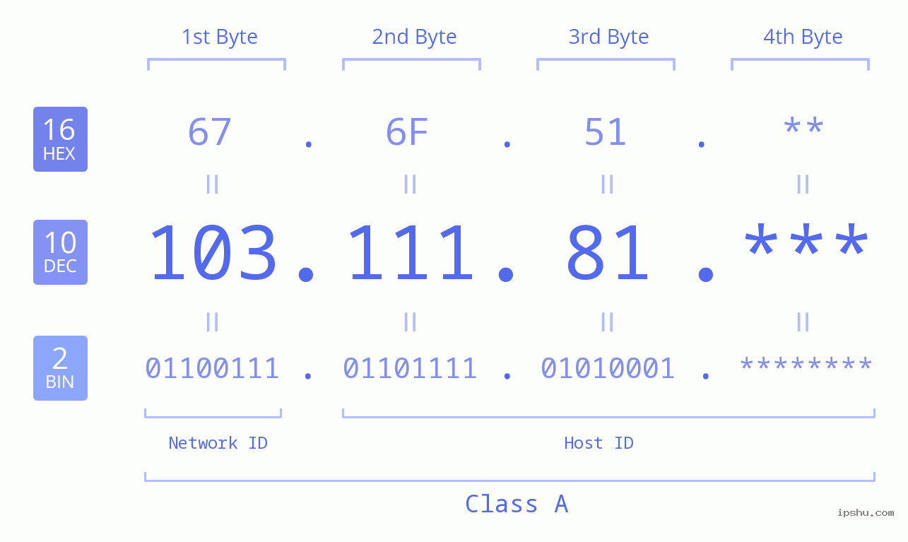 IP Address: 103.111.81 Data Structure Chart BIN DEC HEX IPv4: 103.111.81 Network Class, Net ID, Host ID
