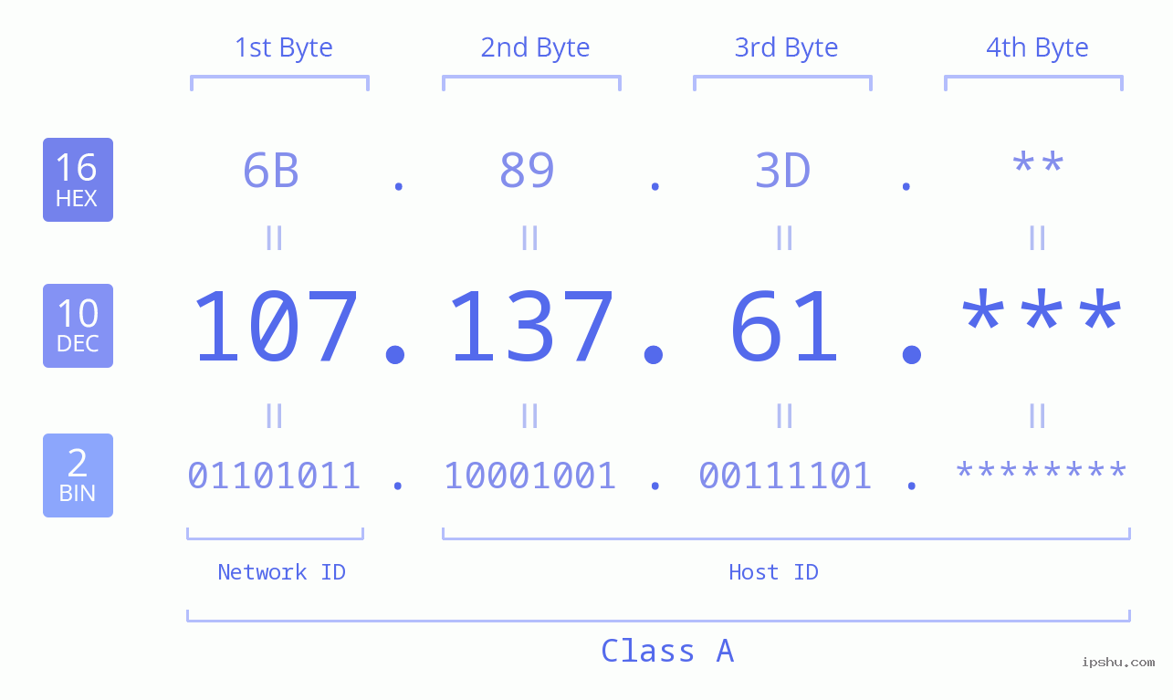 IP Address: 107.137.61 Data Structure Chart BIN DEC HEX IPv4: 107.137.61 Network Class, Net ID, Host ID