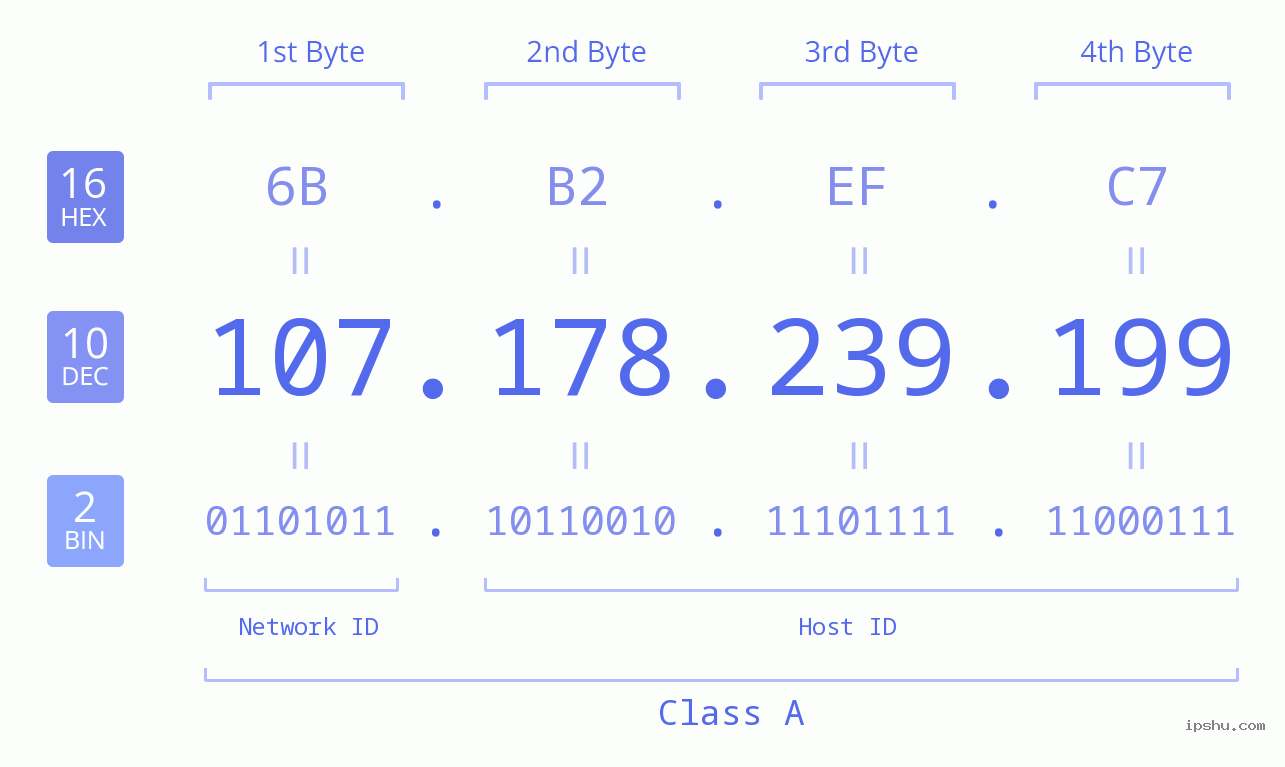 IP Address: 107.178.239.199 Data Structure Chart BIN DEC HEX IPv4: 107.178.239.199 Network Class, Net ID, Host ID