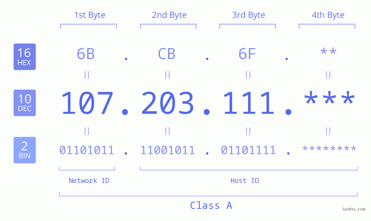 IP Address: 107.203.111 Data Structure Chart BIN DEC HEX IPv4: 107.203.111 Network Class, Net ID, Host ID