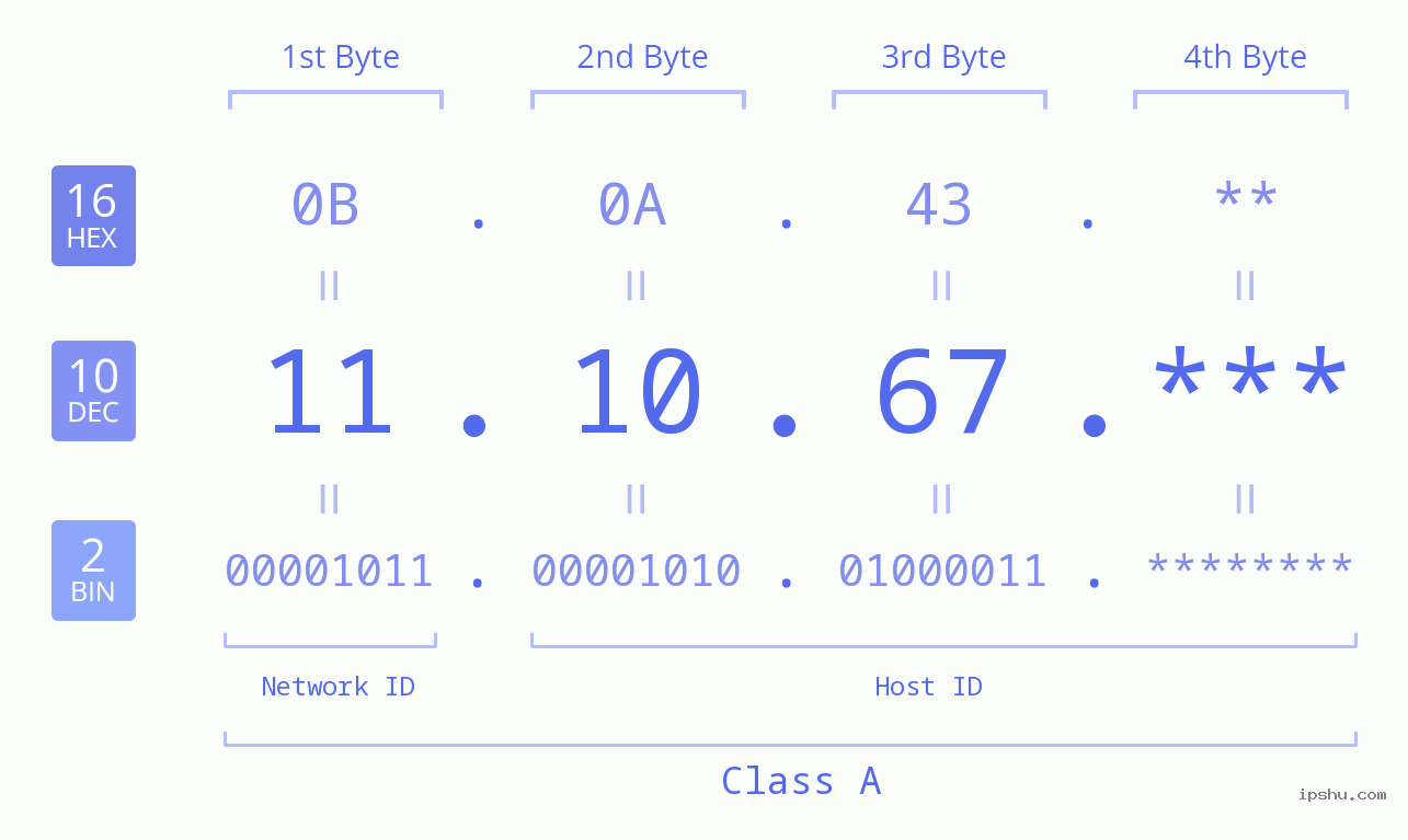 IP Address: 11.10.67 Data Structure Chart BIN DEC HEX IPv4: 11.10.67 Network Class, Net ID, Host ID