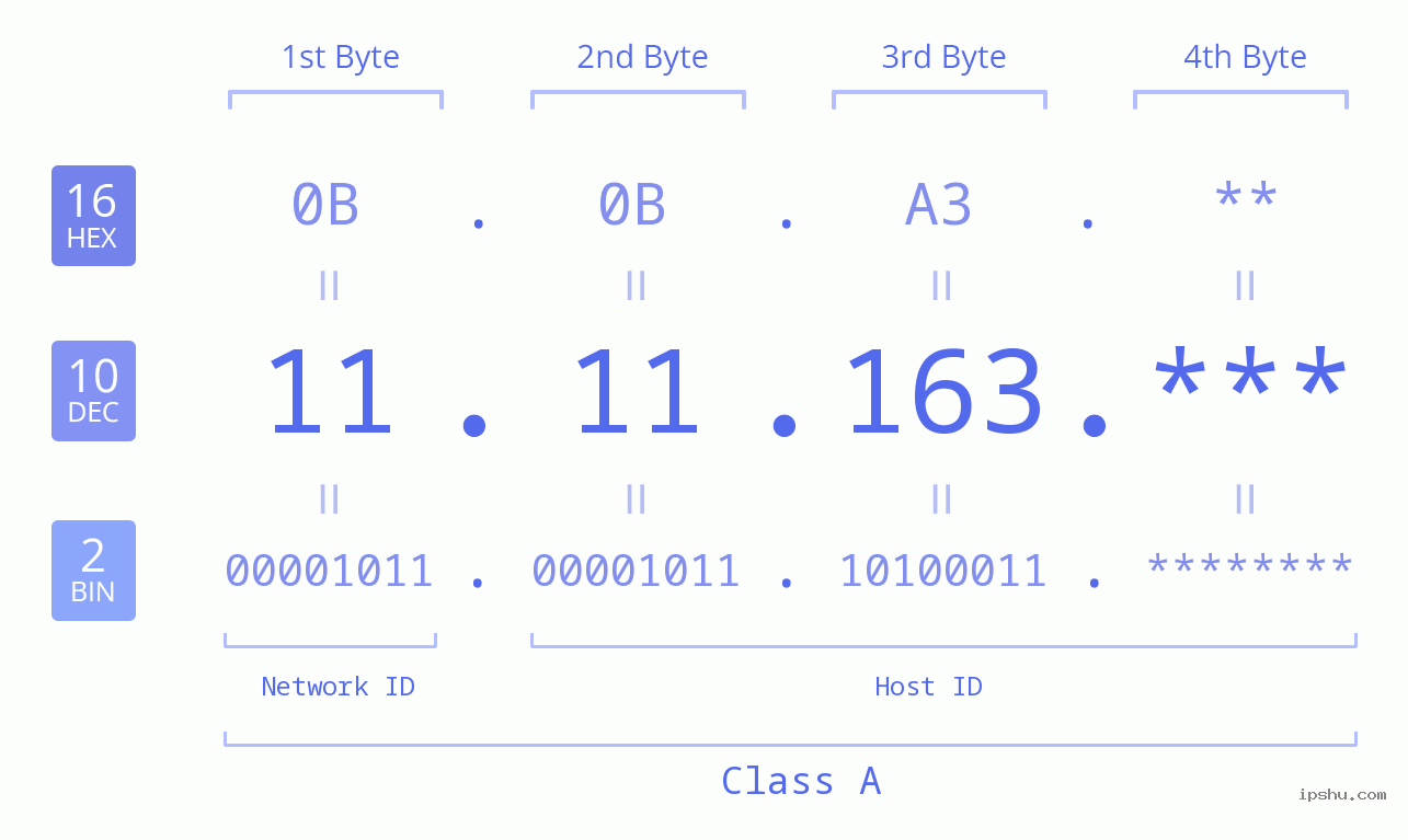 IP Address: 11.11.163 Data Structure Chart BIN DEC HEX IPv4: 11.11.163 Network Class, Net ID, Host ID