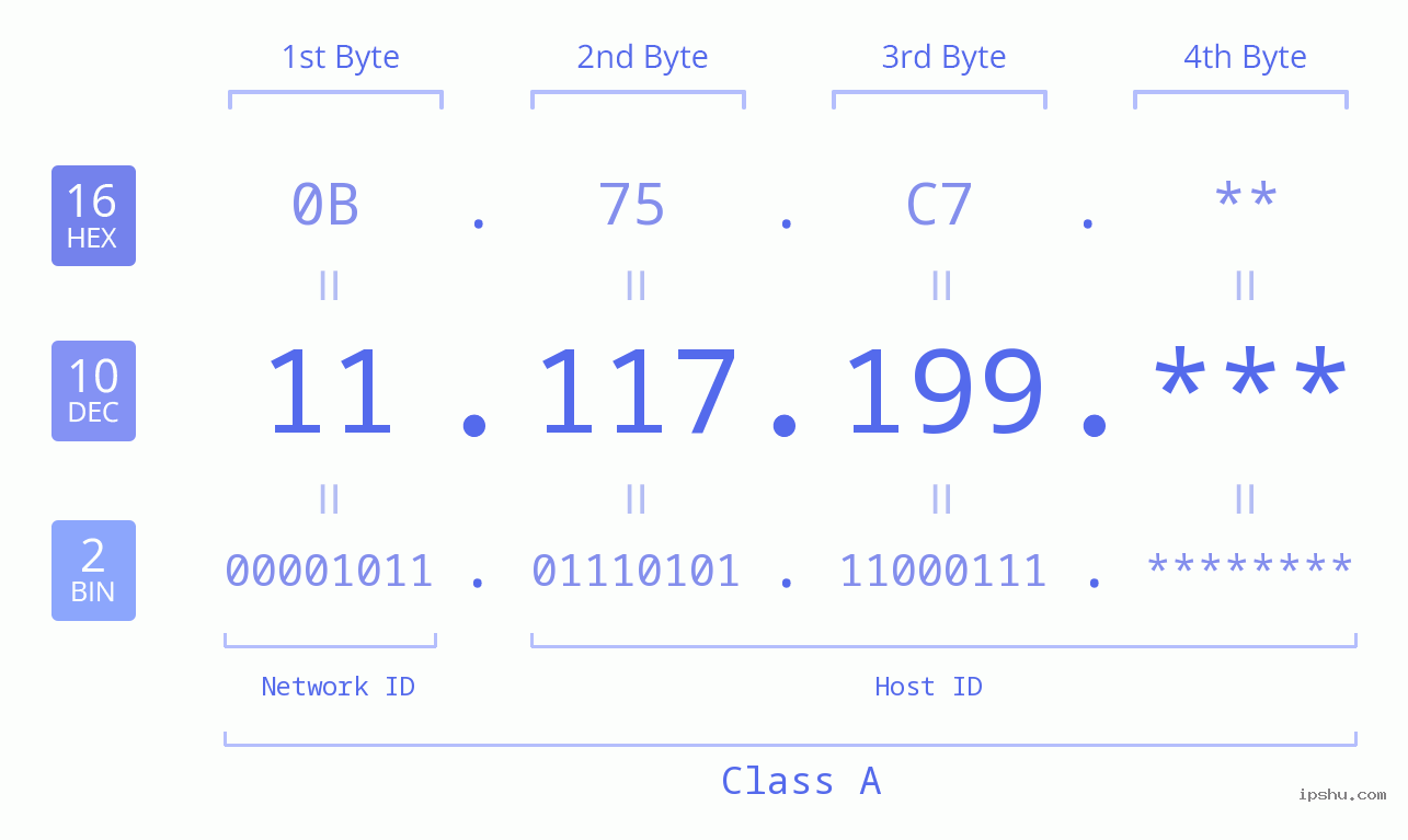 IP Address: 11.117.199 Data Structure Chart BIN DEC HEX IPv4: 11.117.199 Network Class, Net ID, Host ID