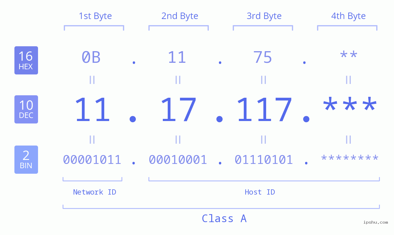 IP Address: 11.17.117 Data Structure Chart BIN DEC HEX IPv4: 11.17.117 Network Class, Net ID, Host ID