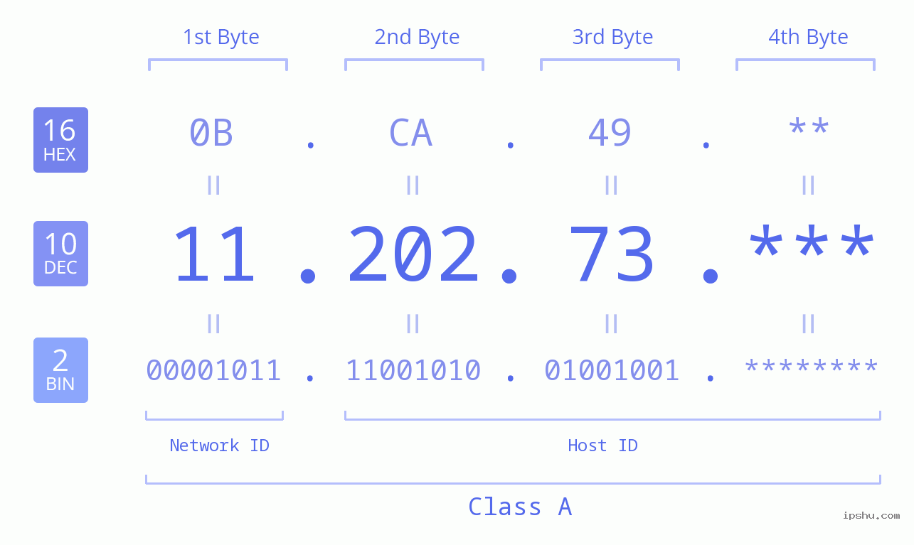 IP Address: 11.202.73 Data Structure Chart BIN DEC HEX IPv4: 11.202.73 Network Class, Net ID, Host ID