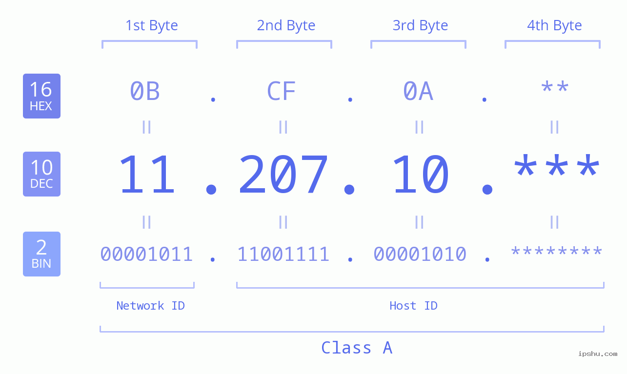 IP Address: 11.207.10 Data Structure Chart BIN DEC HEX IPv4: 11.207.10 Network Class, Net ID, Host ID