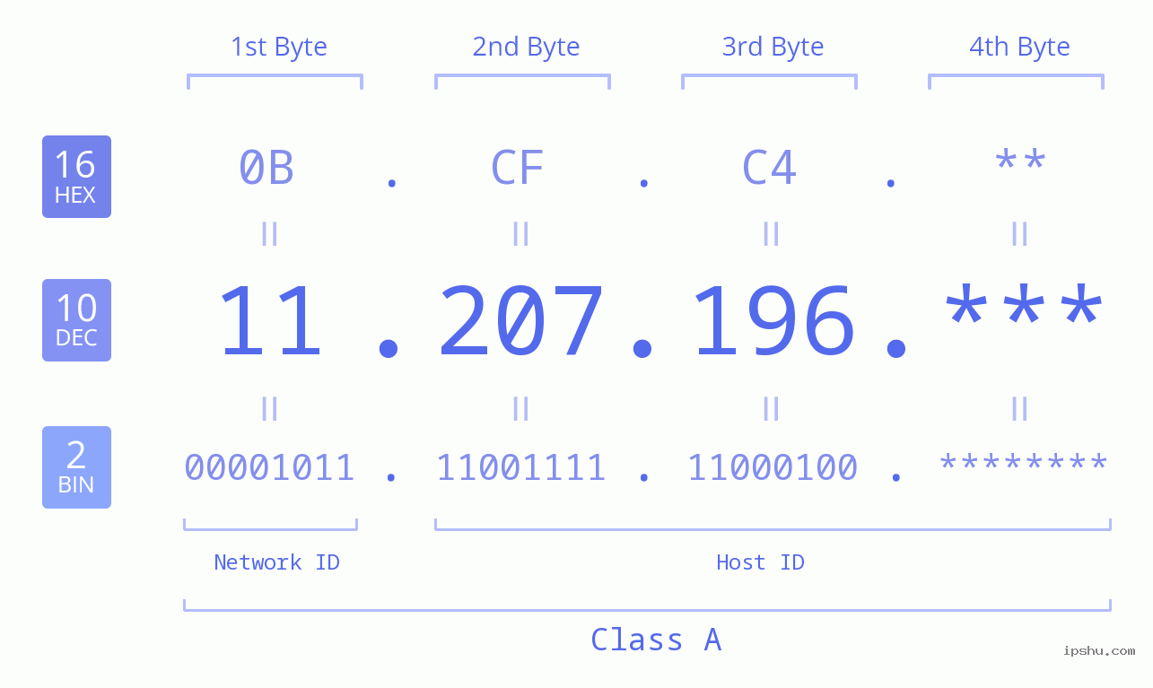 IP Address: 11.207.196 Data Structure Chart BIN DEC HEX IPv4: 11.207.196 Network Class, Net ID, Host ID