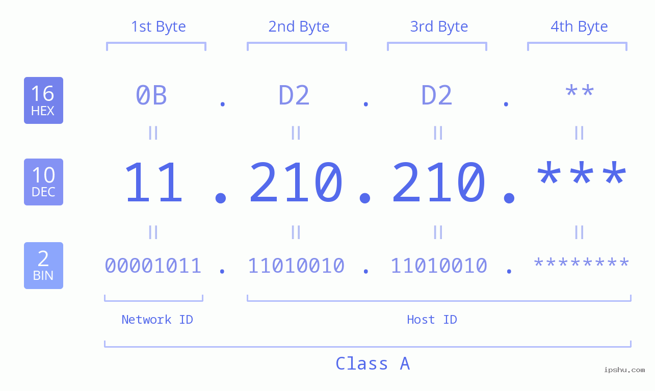 IP Address: 11.210.210 Data Structure Chart BIN DEC HEX IPv4: 11.210.210 Network Class, Net ID, Host ID