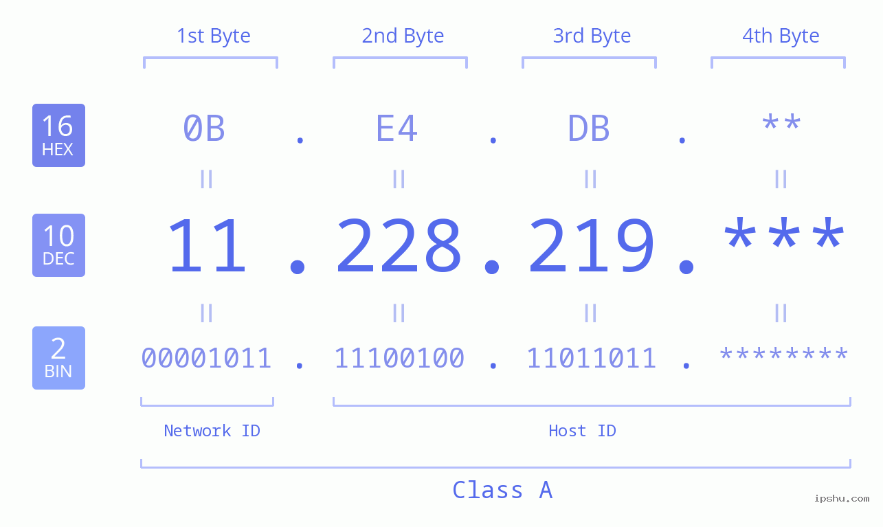 IP Address: 11.228.219 Data Structure Chart BIN DEC HEX IPv4: 11.228.219 Network Class, Net ID, Host ID