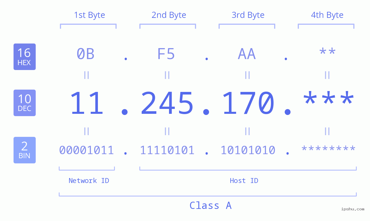 IP Address: 11.245.170 Data Structure Chart BIN DEC HEX IPv4: 11.245.170 Network Class, Net ID, Host ID