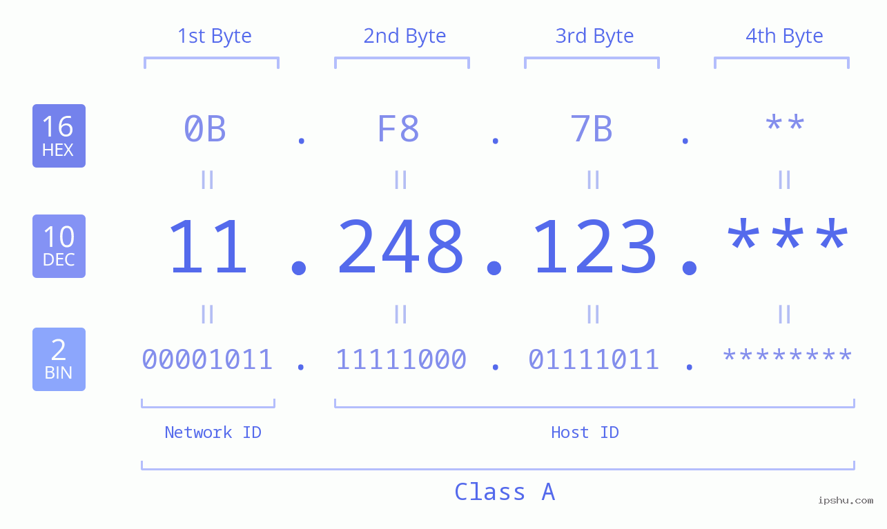 IP Address: 11.248.123 Data Structure Chart BIN DEC HEX IPv4: 11.248.123 Network Class, Net ID, Host ID