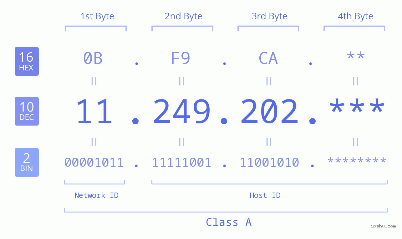 IP Address: 11.249.202 Data Structure Chart BIN DEC HEX IPv4: 11.249.202 Network Class, Net ID, Host ID