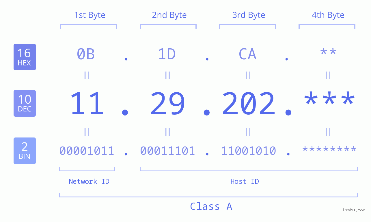 IP Address: 11.29.202 Data Structure Chart BIN DEC HEX IPv4: 11.29.202 Network Class, Net ID, Host ID