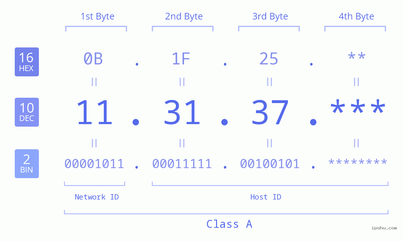 IP Address: 11.31.37 Data Structure Chart BIN DEC HEX IPv4: 11.31.37 Network Class, Net ID, Host ID