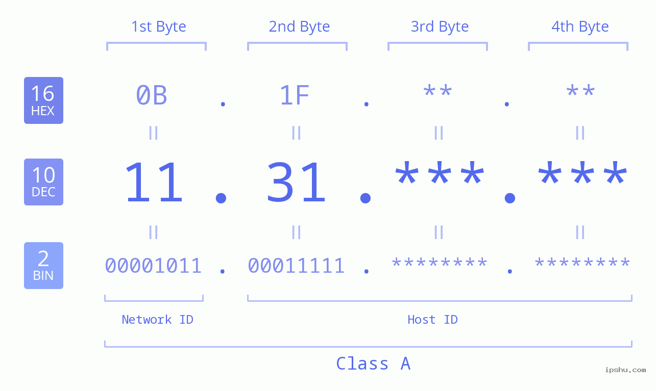 IP Address: 11.31 Data Structure Chart BIN DEC HEX IPv4: 11.31 Network Class, Net ID, Host ID