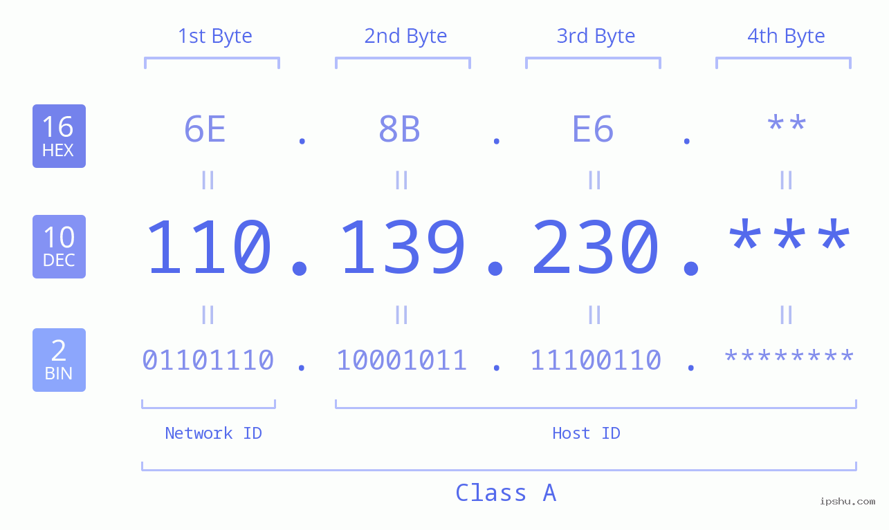 IP Address: 110.139.230 Data Structure Chart BIN DEC HEX IPv4: 110.139.230 Network Class, Net ID, Host ID