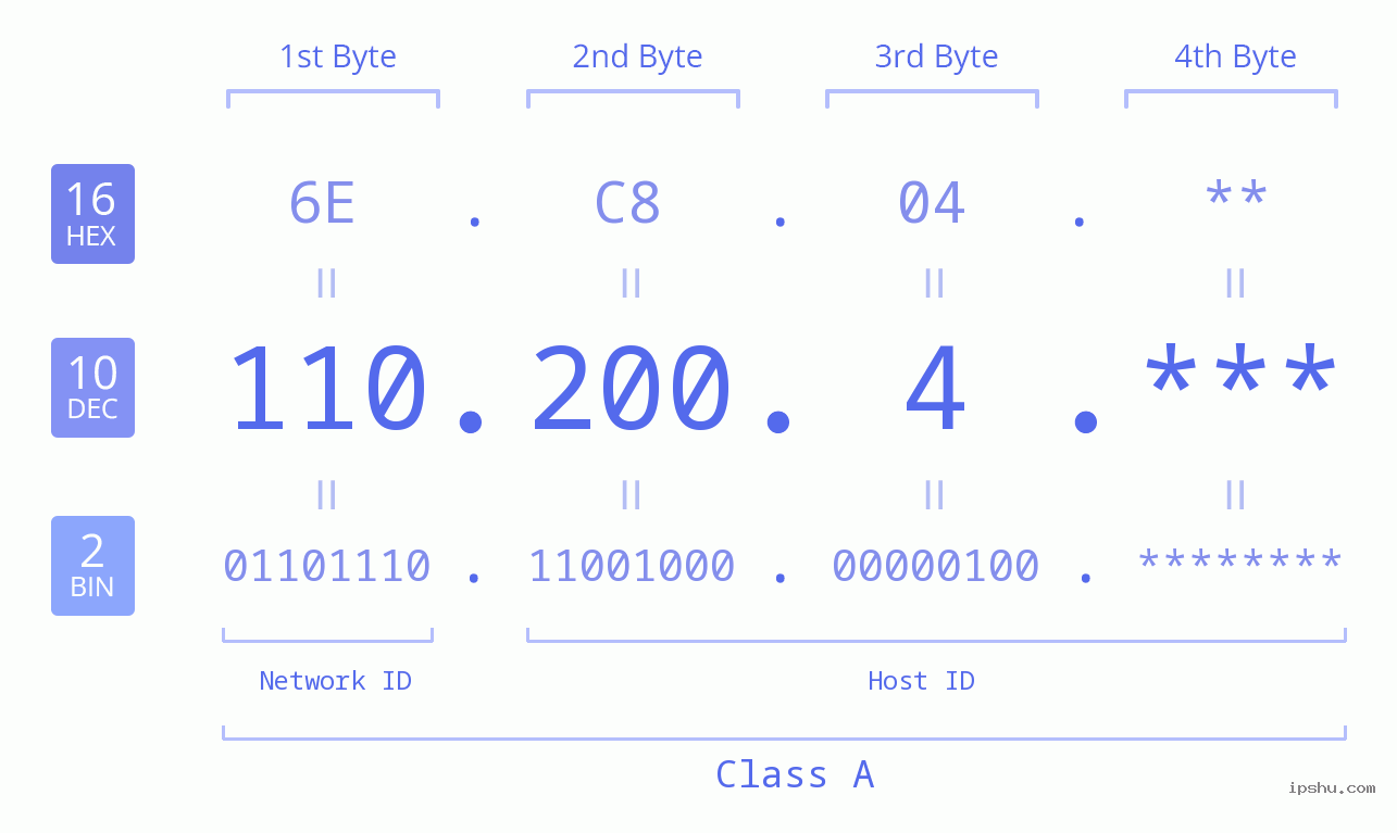 IP Address: 110.200.4 Data Structure Chart BIN DEC HEX IPv4: 110.200.4 Network Class, Net ID, Host ID