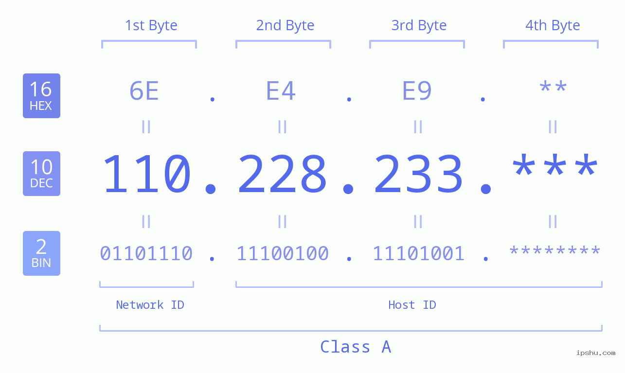 IP Address: 110.228.233 Data Structure Chart BIN DEC HEX IPv4: 110.228.233 Network Class, Net ID, Host ID