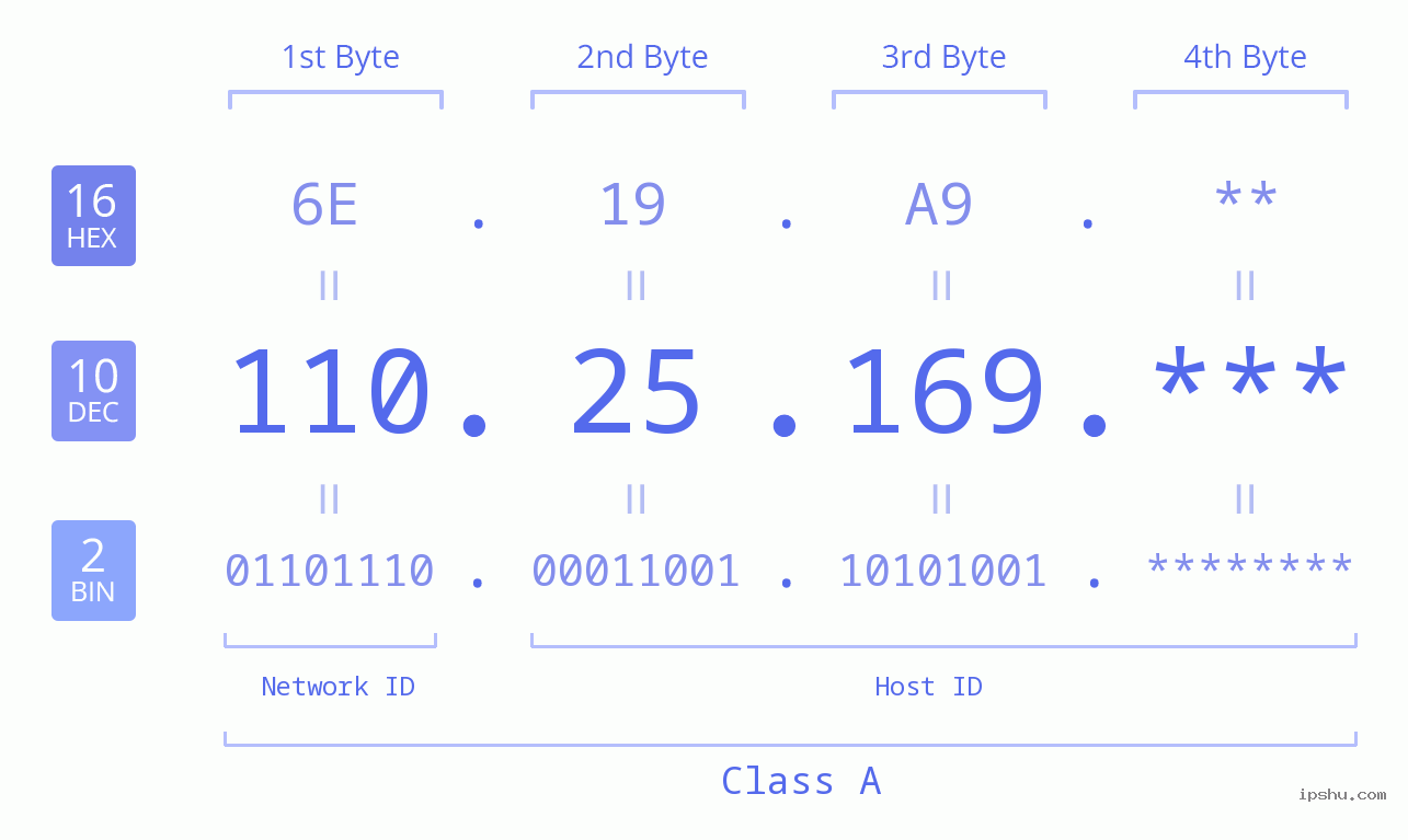 IP Address: 110.25.169 Data Structure Chart BIN DEC HEX IPv4: 110.25.169 Network Class, Net ID, Host ID