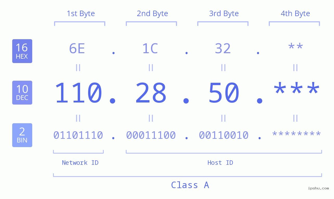 IP Address: 110.28.50 Data Structure Chart BIN DEC HEX IPv4: 110.28.50 Network Class, Net ID, Host ID