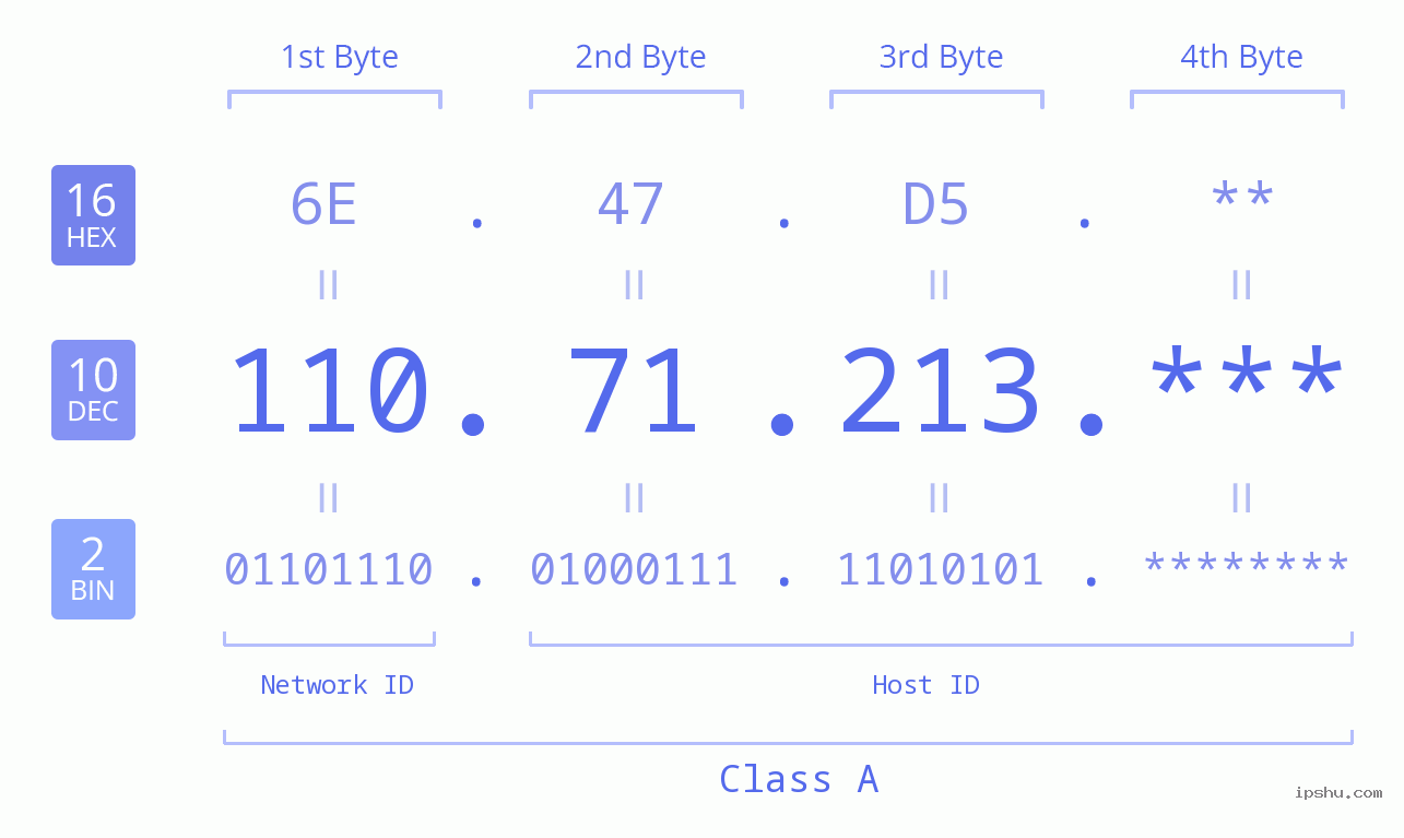 IP Address: 110.71.213 Data Structure Chart BIN DEC HEX IPv4: 110.71.213 Network Class, Net ID, Host ID